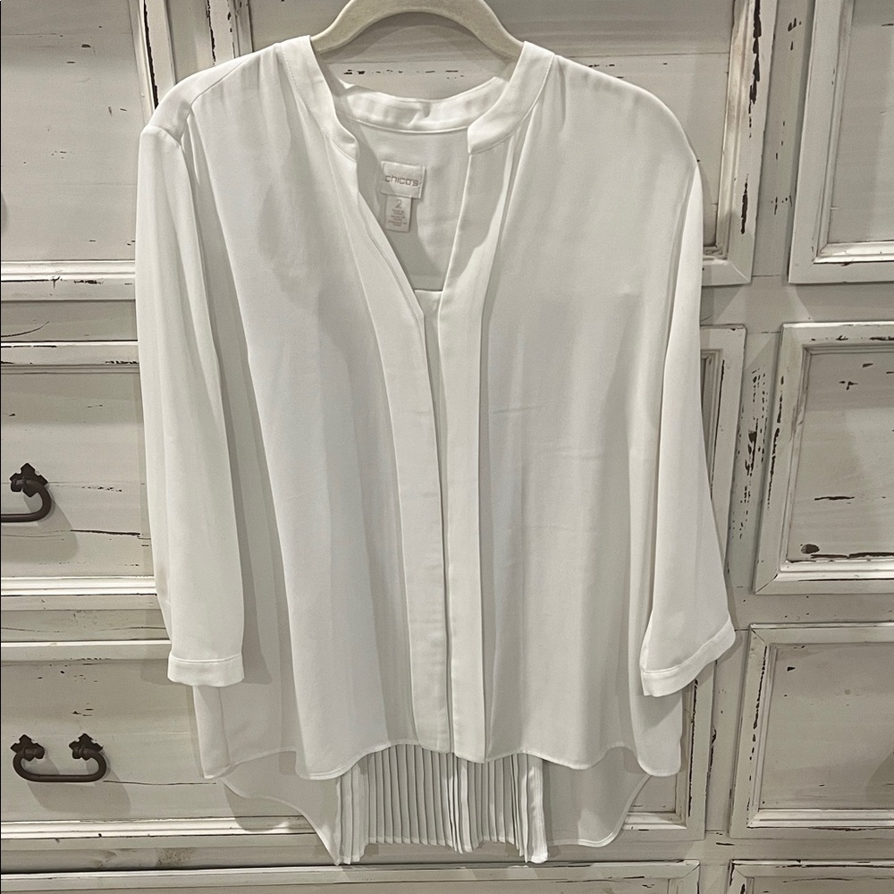 Chico's Classic White Blouse with silver pleated detail in back